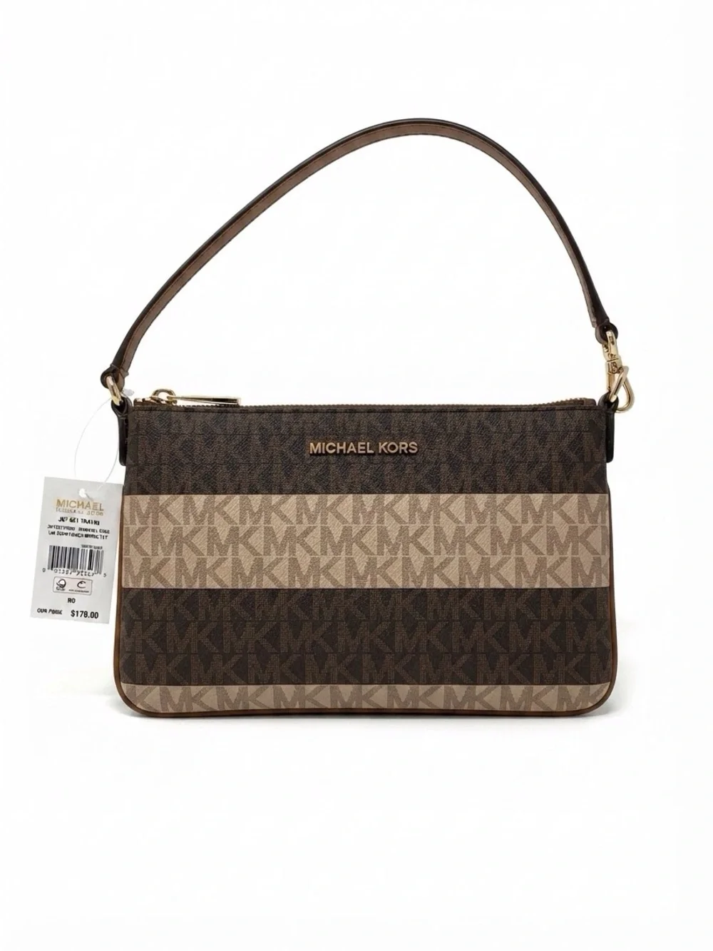 NWT Michael Kors Jet Set Travel Logo Stripe Pouch Wristlet Brown Signature Bag